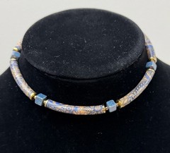 Vtg Japanese Choker Necklace Blue/Beige Floral Tubular Beads Boho Tattoo