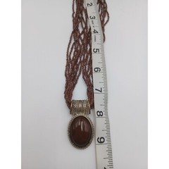 Vtg Multi Strand Brown Seed Bead Collar Necklace Oval Pendant Silver Tone Frame