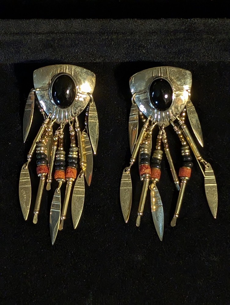 Vintage 3 inch long Tabre © onyx coral copper brass dangle shield earrings!