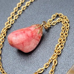 Vintage Agate Stone Gold Tone Chain Polished 3 Pink Brown Yellow Pendants 24″