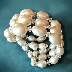 Faux Pearl Bracelet Memory Wire Crystal Multi Strand Wrap Cuff Vintage