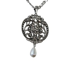 Lg 1974 Vintage AVON Silvertone Medallion Pendant W/Pearl Drop Gothic Style