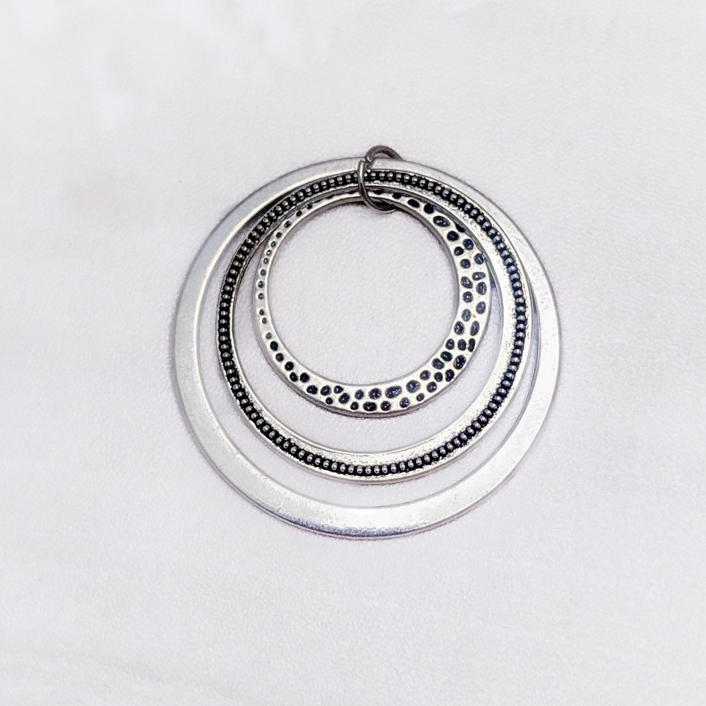 Vintage Pendant Large Silver Tone Circle with Black Details – No Chain Included