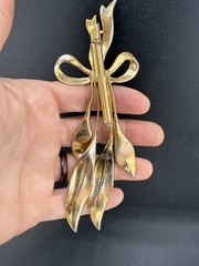 Vintage Bow Brooch Gold Tone Heavy Rhinestones READ