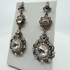 Vintage Gold Tone Filigree Dangle Earrings with AB Crystal Chandelier