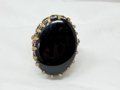 Vintage Brass Signed West Germany Black Glass 1″ Oval Inset Costume Ring