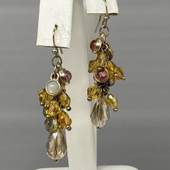 Glass Beaded Dangle Drop Earrings Pair (2) Purple Yellow Fringe Pierced
