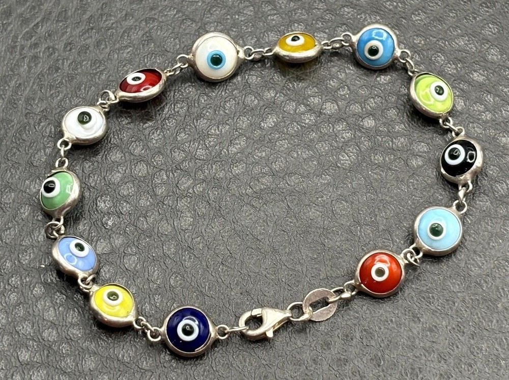 Vintage Sterling Silver 925 Multicolor Glass Evil Eye Link Bracelet 7.5″