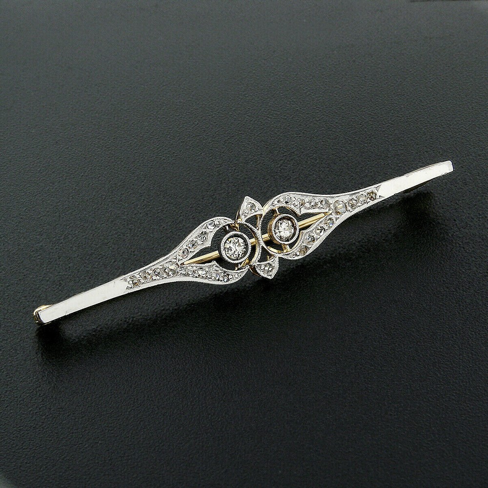 Antique Edwardian Platinum Top 18k Gold 0.55ctw Diamond Milgrain Bar Pin Brooch