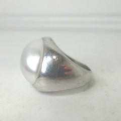 Vintage Modernist Sterling Silver Signet Ring Sz 7.75 Large Oval Pearl Gemstone