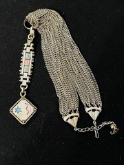OOAK CHAINS NECKLACE W- Vintage WATCH FOB DROP Turquoise & Coral Inset Star Moon