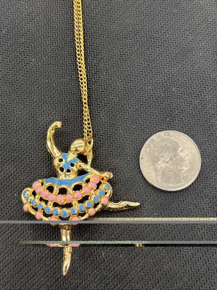 Gold Colored Ballerina Necklace W/ Blue & Pink Enamel Vintage 24” Chain NOS
