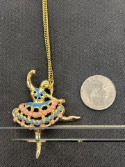 Gold Colored Ballerina Necklace W/ Blue & Pink Enamel Vintage 24” Chain NOS