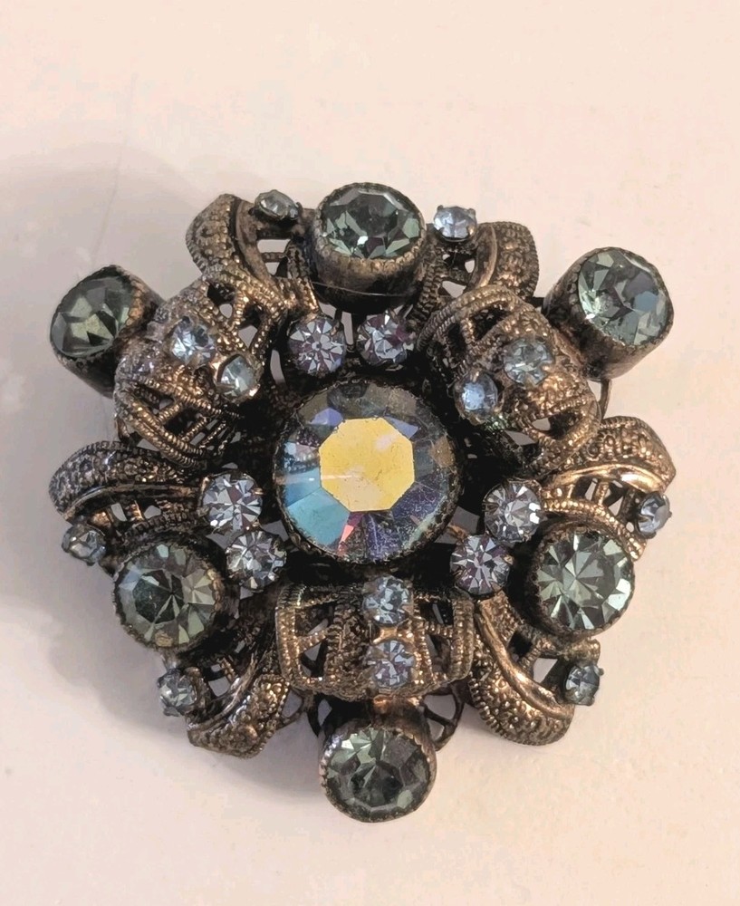 Vintage Aurora Borealis Rhinestone Brooch Domed Filigree Smoky Blue European