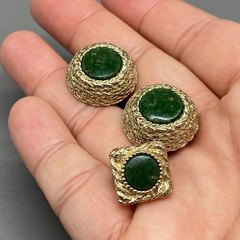 Vintage Dante Cufflinks Tie Pin Set Green Stone Gold Tone Round Bullet Back