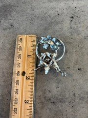 Vintage Silver Tone rose and Blue Rhinestone Flower Brooch Pin