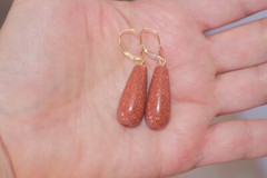 Handmade 14K Carved Large Sunstone Tear Drop Lever back Earrings