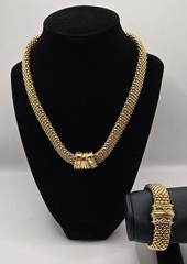 Vintage Etruscan Revival Gold Tone Mesh Collar Necklace Bracelet Jewelry Set