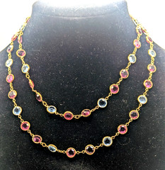 Vintage Gold Tone Pink Blue Purple Crystal Station Necklace Bezel 36in