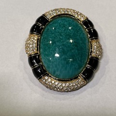 VTG Ciner Peking Green Glass Brooch Cabochon Gold Black Rhinestone, 2.25”x1.75”