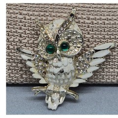 Vintage Owl Brooch Pin Gold Tone White Enamel Green Eyes Rhinestone Jewelry