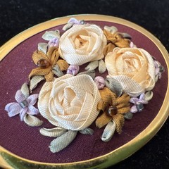 Vintage Silk Ribbon Embroidery Brooch Pin Floral Handmade Oval 1.75”x2.5” 954