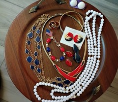Patriotic VTG Grandmas Jewelry Lot Enamel Red White Blue Necklace-Brclts-Earrngs