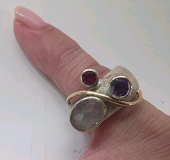 Sterling Silver 925 Artisan Cuff & Ring Set Mixed Metal Gold Accents Multi Stone