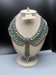 Hobe Signed Clear & Green Glass Rhinestone Necklace 16.5” With 3.75” Fringe VTG