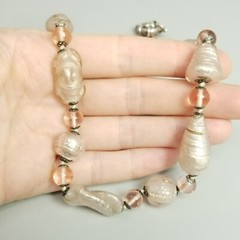 Vintage Light Pink Glass Beaded Necklace with Oversized Spring Ring, Silver Tone