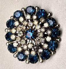 Vintage Blue Rhinestone Brooch Silver Tone Round Starburst Pin 1.5in