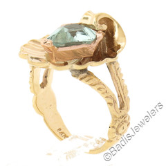 Retro Rosy Yellow Gold Unique Shape Aquamarine in Scalloped Shell Split Ring