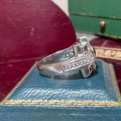 Vintage Art Deco Style Ruby & Lab Created Diamond 14k White Gold FN Wedding Ring