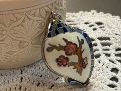 Vintage Cloisonné Cherry Blossom Necklace Gift Ready Pendant & Gold Plated Chain