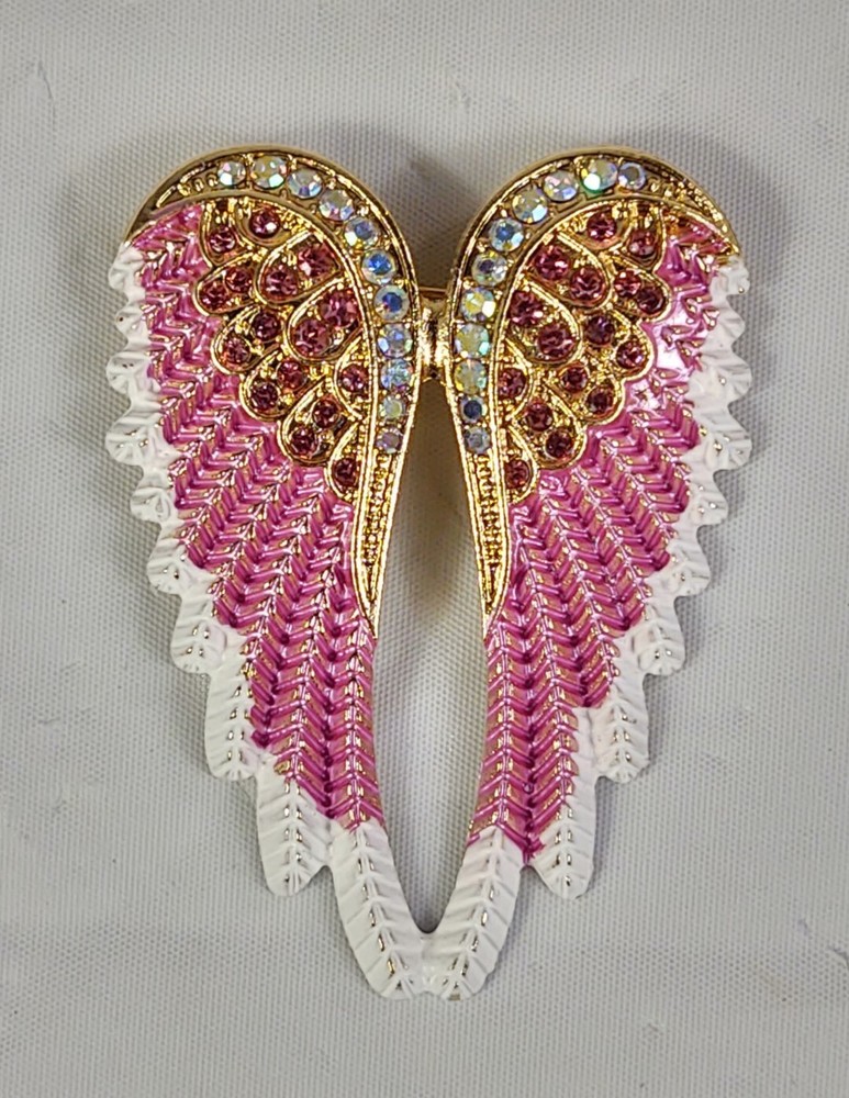 Beautiful Angel Wings Brooch Pendant Iridescent Rhinestones Gold Tone White Pink