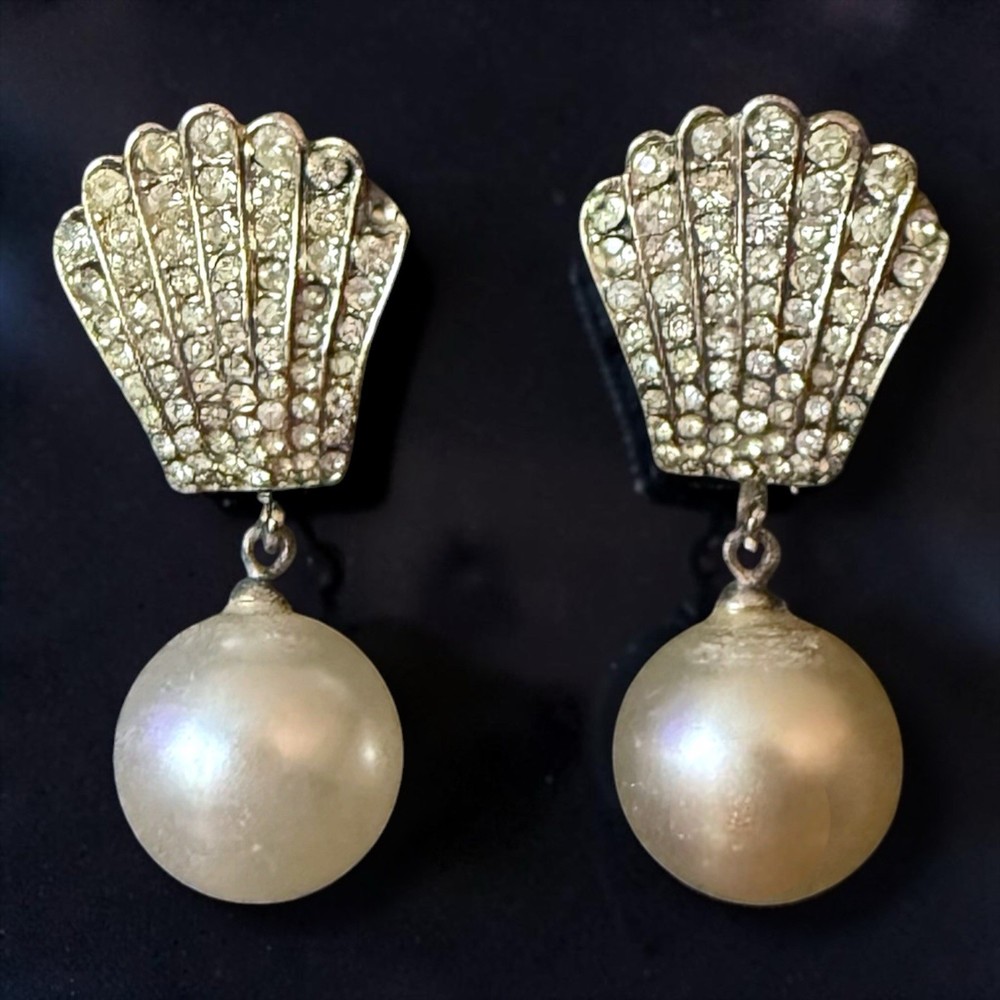 Art Deco Earrings Rhinestone Faux Pearl Dangle Scallop Shell Screwback Vintage