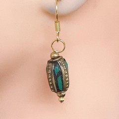 Vintage 2.50ctw Green Turquoise 14K Yellow Gold Silver Dangle Earrings 4.2g