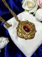 Vintage Revlon Gold Tone Red Glass Perfume Poison Locket Pendant Necklace
