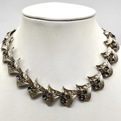 Vintage ART Signed Necklace Brushed Silver Tone Choker Smoky Topaz Rhinestones