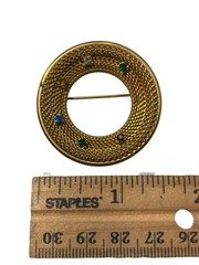 Vintage Gold Tone Mesh Multi Color Rhinestone Circle Brooch Pin