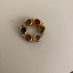Vintage Scarab Brooch Circle Design Multiple Colored Carved Gemstones