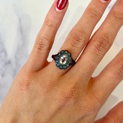 French Antique Pink Tourmaline Diamond Halo Ring 18K Yellow Gold Silver Size 7