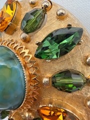 Vintage Accessocraft Brooch Pendant Green Gold Rhinestone Gold Tone Sunburst