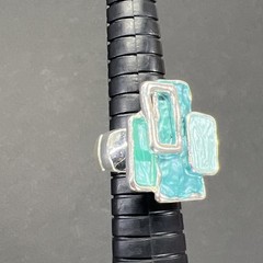 Turquoise Enamel Rectangle Stretch Ring Vintage Silver Tone Size 7+