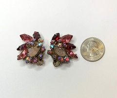 Vintage Pink Lava Glass Cabochon Red Pink and AB Rhinestone Clip On Earrings