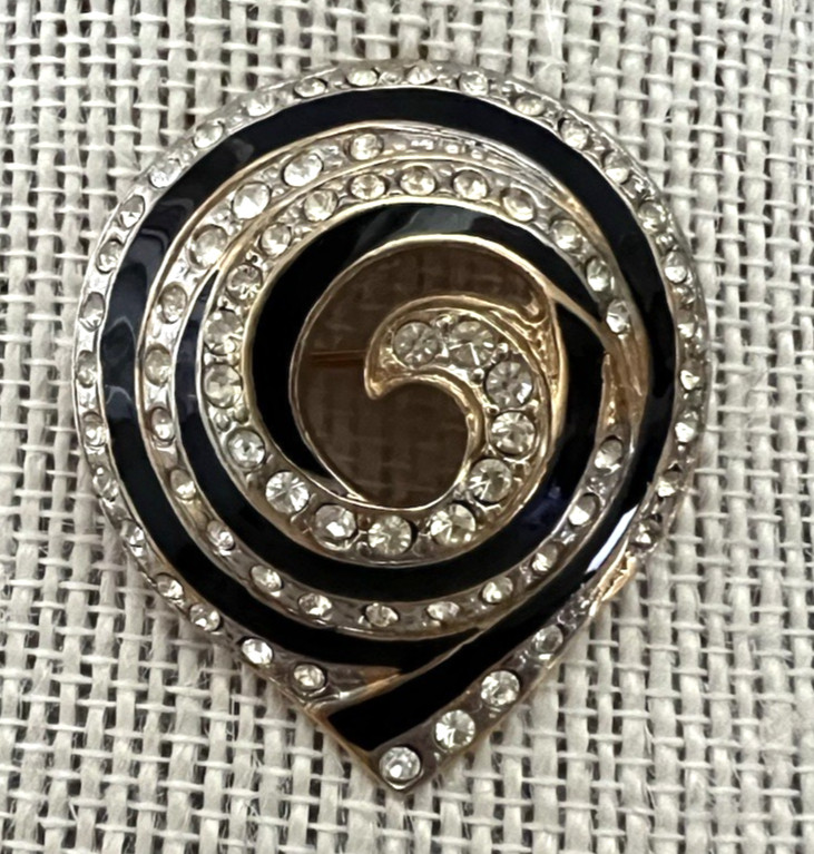 Black & Rhinestone Gold Tone Swirl Brooch Angel Jewelry Co Stamped Vintage