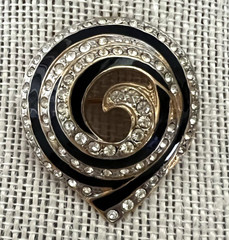Black & Rhinestone Gold Tone Swirl Brooch Angel Jewelry Co Stamped Vintage