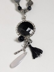 Vintage Boho Asymmetrical Beaded Statement Necklace Black Pendant Tassel Silver