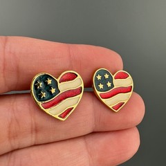 Vintage Enamel Stud Earrings Lot Signed Poinsettias Shamrocks USA Hearts Holiday