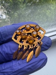 Vintage USSR Brooch Amber Glass Rhinestone Dangle Pendant Mid Century Soviet 60s